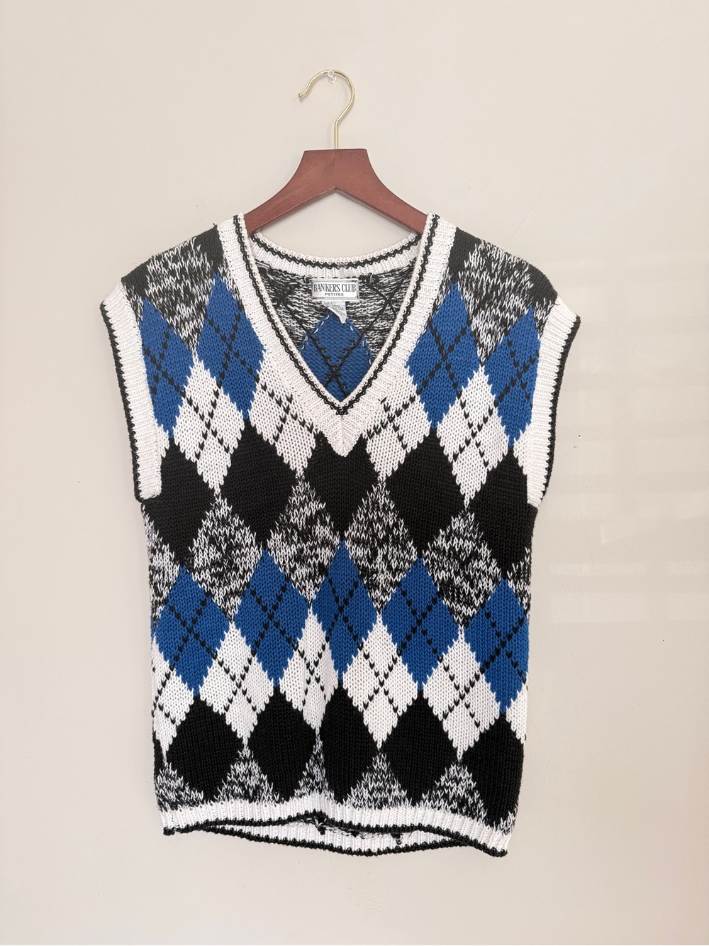 Vintage 90s Argyle V-Neck Knit Sweater Vest - Blue, Black & White
